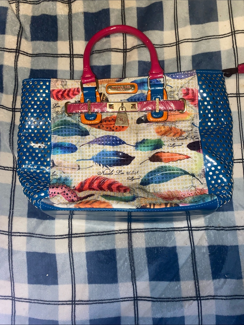 Nicole Lee Multicolor Feather Print Satchel with Pink Handles